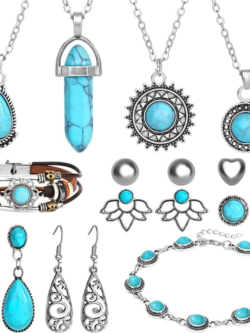 20 Pieces Silver Bohemian Jewelry Set for Women Fashion Costume Jewels Turquoise